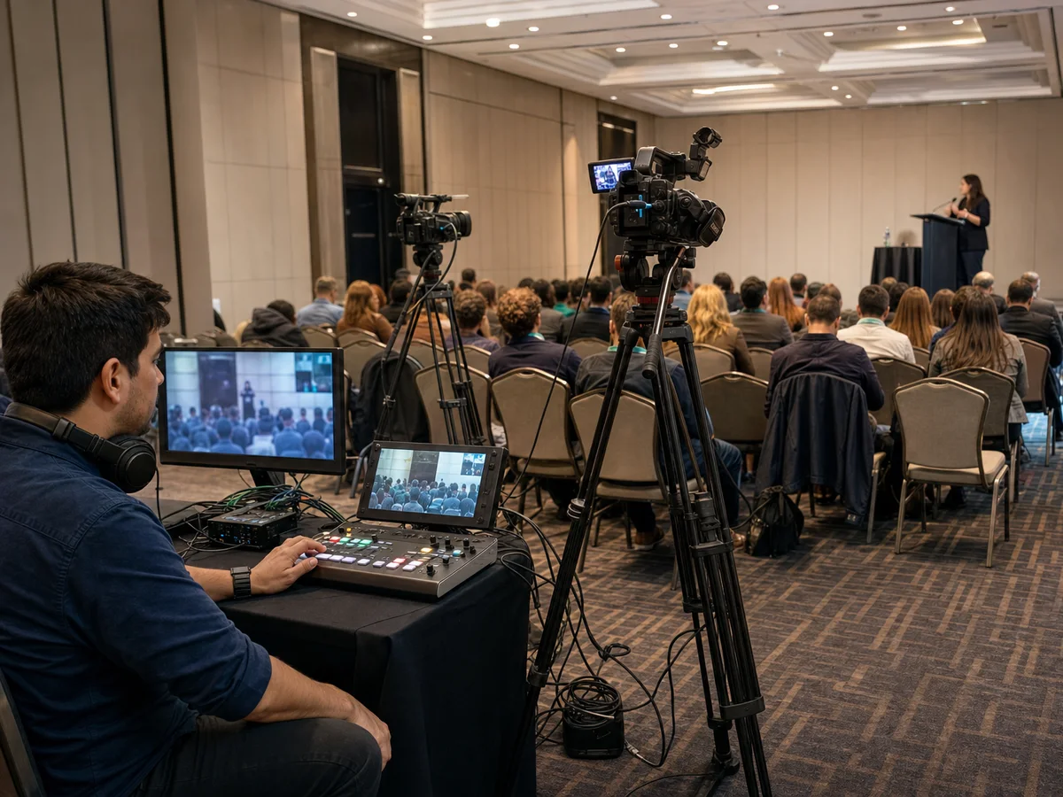 Operador audiovisual y cámaras durante la producción de un evento corporativo.