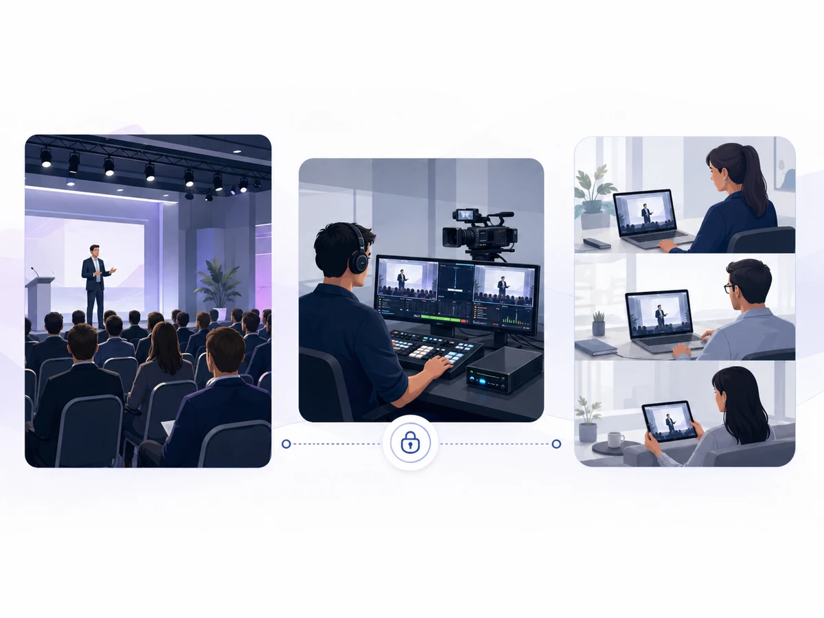 Esquema de producción audiovisual con acceso restringido para participantes autorizados.