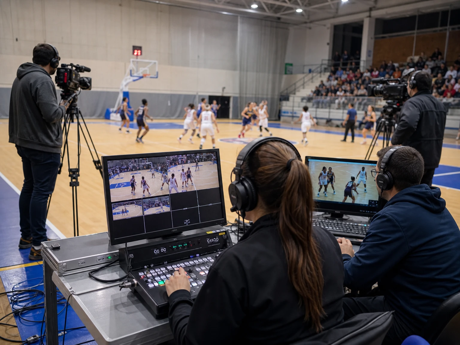 Equipo técnico realiza una transmisión multicámara de un partido de básquetbol desde una mesa de control junto a la cancha.